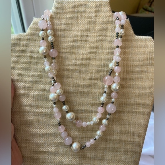Vintage Faux Pearls & Rose Quarts 34” Long Necklace - Picture 1 of 5